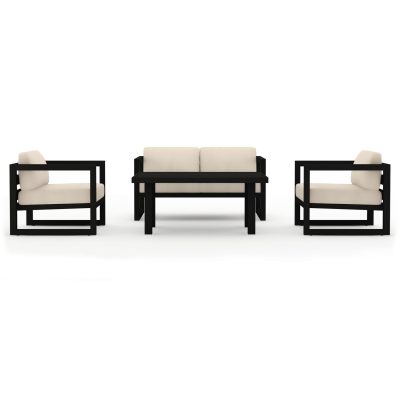 Misty Cove 4 Pc Aluminum Loveseat Set in Black W/ Canvas Flax Cushions By Lakeview