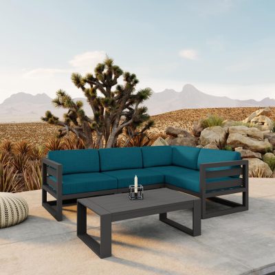 Misty Cove 5 Pc Aluminum Sectional Set in Slate W/ Spectrum Peacock Cushions & Portal Coffee Table By Lakeview