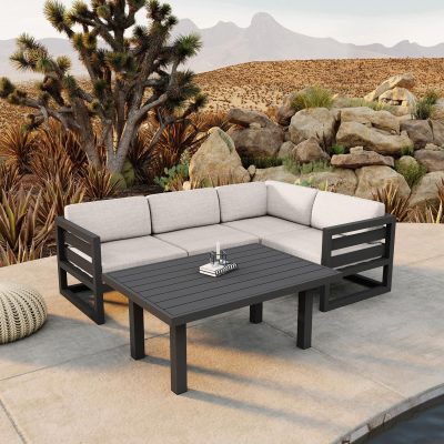 Misty Cove 5 Pc Aluminum Sectional Set in Slate W/ Cast Silver Cushions & Classic Chat Table By Lakeview