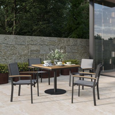 Travira 5 Pc Composite Sling & Aluminum Dining Set W/ Natural Tekwood Arm Caps & Square Table Top in Carbon/Titanium By Oxford Garden