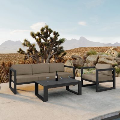 Misty Cove 3 Pc Aluminum Sofa Set in Slate W/ Heather Beige Cushions & Portal Coffee Table By Lakeview