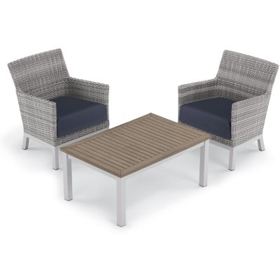 Argento 3 Piece Wicker Patio Conversation Set W/ Tekwood Vintage Coffee Table & Midnight Blue Cushions By Oxford Garden