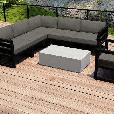 Misty Cove 7 Pc Aluminum Sectional Set in Black W/ Canvas Charcoal Cushions & Long Coffee Table By Lakeview