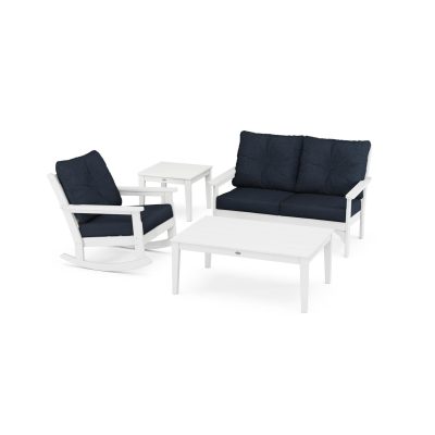 POLYWOOD Vineyard 4-Piece Deep Seating Rocker Set – White / Marine Indigo