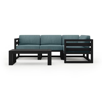 Misty Cove 5 Pc Aluminum Sectional Set in Black W/ Cast Lagoon Cushions & Portal Coffee Table By Lakeview