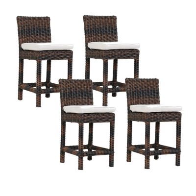 Montecito 4 Piece Wicker Patio Counter Height Bar Stool Set W/ Sunbrella Canvas Flax Cushions By Sunset West