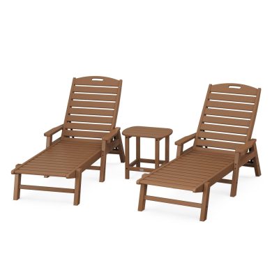 POLYWOOD Nautical 3-Piece Chaise Lounge W/Arms Set W/South Beach 18 Inch Side Table – Teak