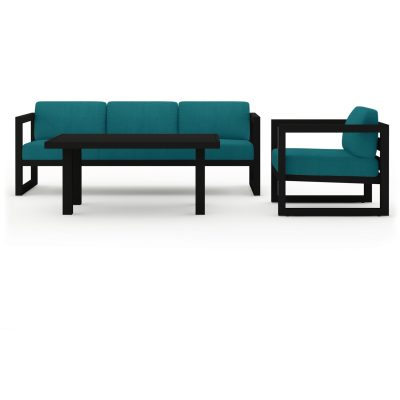 Misty Cove 3 Pc Aluminum Sofa Set in Black W/ Spectrum Peacock Cushions & Classic Chat Table By Lakeview