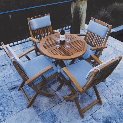 Sailor 5 Piece Teak Patio Dining Set W/ 29 Inch Round Folding Table And Sunbrella Canvas Granite Cushions By Royal Teak Collection