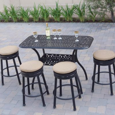 Darlee Classic 5 Piece Cast Aluminum Patio Backless Counter Height Bar Set W/ 52 X 26 Rectangular Table & Sesame Cushions