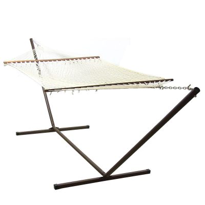 Ultimate Patio Classic Double Rope Hammock w/ 15-Foot Steel Beam Stand – White