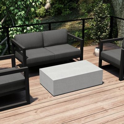 Misty Cove 4 Pc Aluminum Loveseat Set in Slate W/ Canvas Charcoal Cushions & Long Coffee Table By Lakeview