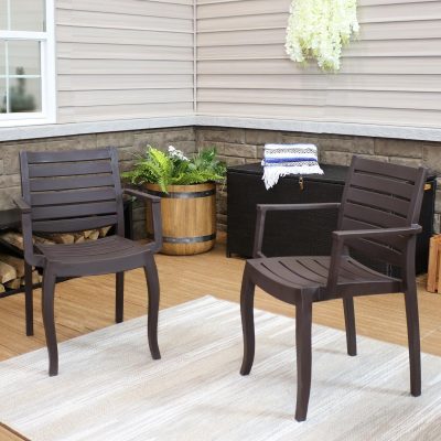 Ultimate Patio Plastic Outdoor Arm Chair – Set of 2 – Brown