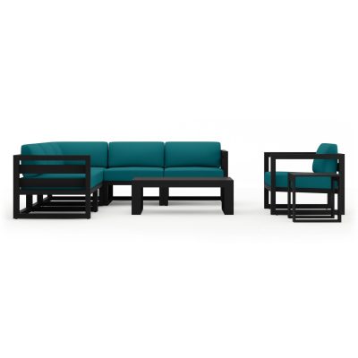 Misty Cove 8 Pc Aluminum Sectional Set in Black W/ Spectrum Peacock Cushions By Lakeview