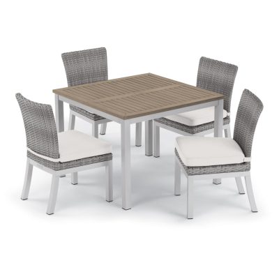 Argento 5 Piece Wicker Patio Dining Set W/ 39 Inch Square Tekwood Vintage Table, Side Chairs & Eggshell White Cushions By Oxford Garden