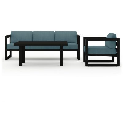 Misty Cove 3 Pc Aluminum Sofa Set in Black W/ Cast Lagoon Cushions & Classic Chat Table By Lakeview