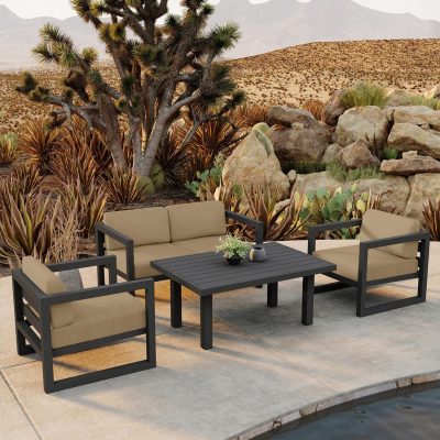 Misty Cove 4 Pc Aluminum Loveseat Set in Slate W/ Heather Beige Cushions By Lakeview