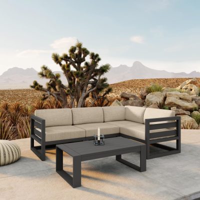 Misty Cove 5 Pc Aluminum Sectional Set in Slate W/ Canvas Flax Cushions & Portal Coffee Table By Lakeview