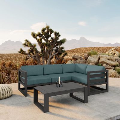 Misty Cove 5 Pc Aluminum Sectional Set in Slate W/ Cast Lagoon Cushions & Portal Coffee Table By Lakeview