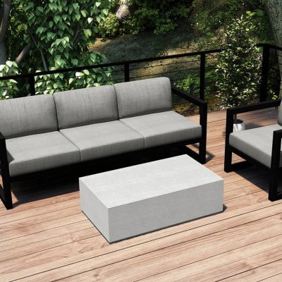 Misty Cove 3 Pc Aluminum Sofa Set in Black W/ Cast Silver Cushions & Long Coffee Table By Lakeview