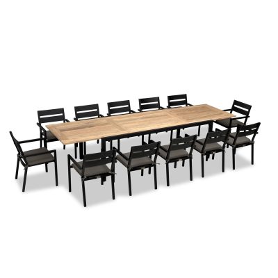 Calm Bay Communal 13 Pc Extendable Reclaimed Teak Dining Set in Black/Canvas Charcoal by Lakeview