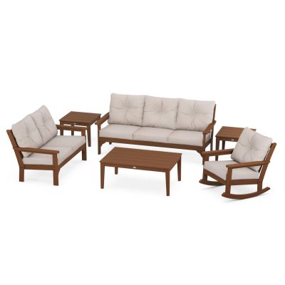 POLYWOOD Vineyard 6-Piece Deep Seating Set w/ Rocker – Teak / Dune Burlap