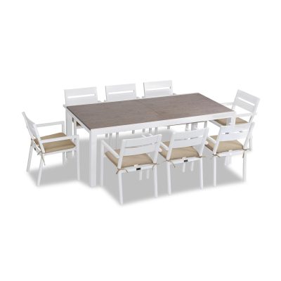 Calm Bay 9 Pc Extendable Dining Set in White/Barnwood/Heather Beige by Lakeview