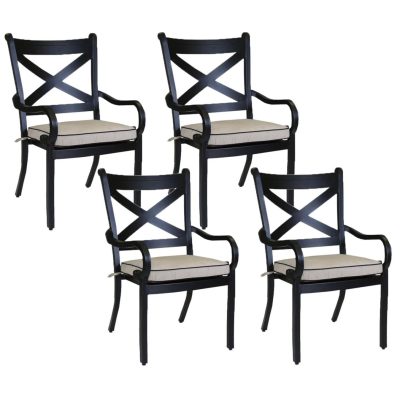 Monterey 4 Piece Aluminum Patio Dining Arm Chair Set W/ Sunbrella Frequency Sand Cushions By Sunset West