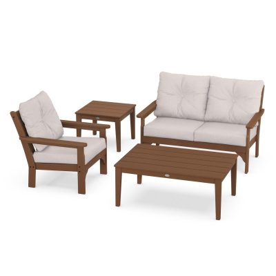 POLYWOOD Vineyard 4-Piece Deep Seating Set w/ Side Table – Teak / Dune Burlap