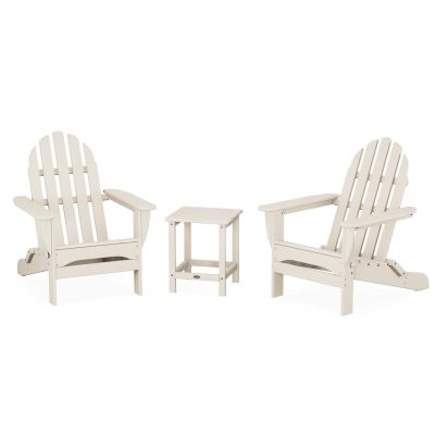 POLYWOOD Classic Folding Adirondack 3-Piece Set W/ Long Island 18-Inch Side Table – Sand