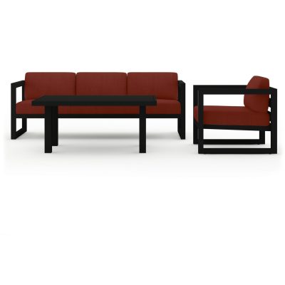 Misty Cove 3 Pc Aluminum Sofa Set in Black W/ Canvas Henna Cushions & Classic Chat Table By Lakeview