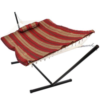 Ultimate Patio Rope Hammock w/ 12-Foot Stand, Pad, & Pillow – Awning Stripe