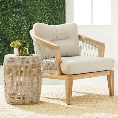 Heritage Way 2 Pc Gray Teak Seating Set W/ Woven Rope Accent Table in Taupe & White/Light Gray By Lakeview