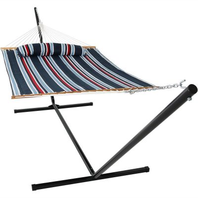 Ultimate Patio Quilted Double Hammock w/ 15-Foot Steel Beam Stand & Pillow – Nautical Stripe