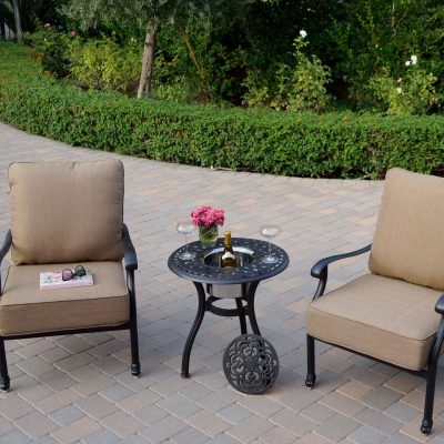 Darlee Madison 3 Piece Cast Aluminum Patio Conversation Set W/ 24-Inch Round Ice Bucket End Table & Sesame Cushions