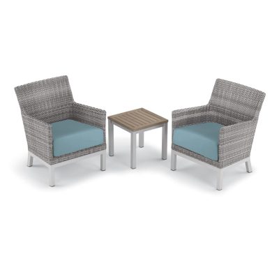 Argento 3 Piece Wicker Patio Conversation Set W/ Tekwood Vintage End Table & Ice Blue Cushions By Oxford Garden