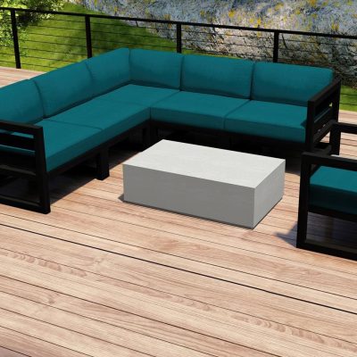 Misty Cove 7 Pc Aluminum Sectional Set in Black W/ Spectrum Peacock Cushions & Long Coffee Table By Lakeview