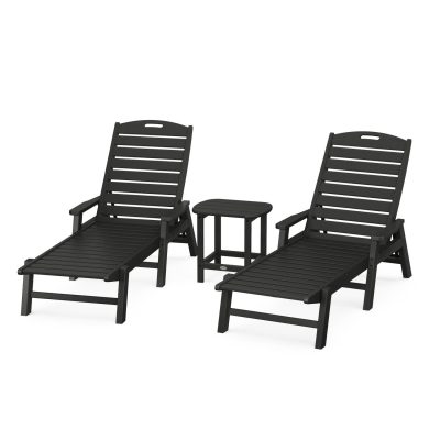 POLYWOOD Nautical 3-Piece Chaise Lounge W/Arms Set W/South Beach 18 Inch Side Table – Black