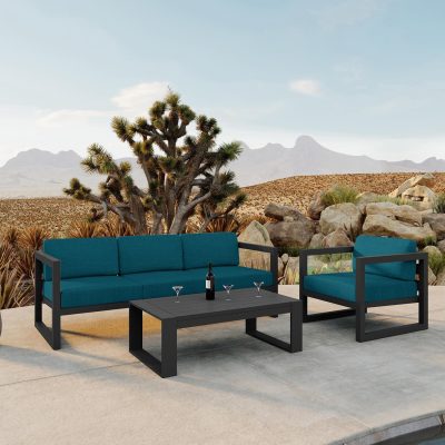 Misty Cove 3 Pc Aluminum Sofa Set in Slate W/ Spectrum Peacock Cushions & Portal Coffee Table By Lakeview