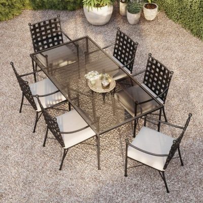 Sunset West Provence 7 Piece Wrought Iron Patio Dining Set W/ Dining Table & Sunbrella Canvas Flax Cushions