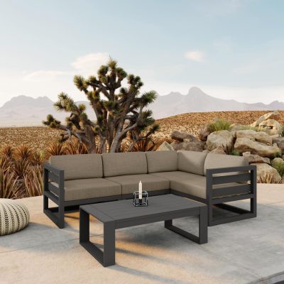 Misty Cove 5 Pc Aluminum Sectional Set in Slate W/ Heather Beige Cushions & Portal Coffee Table By Lakeview