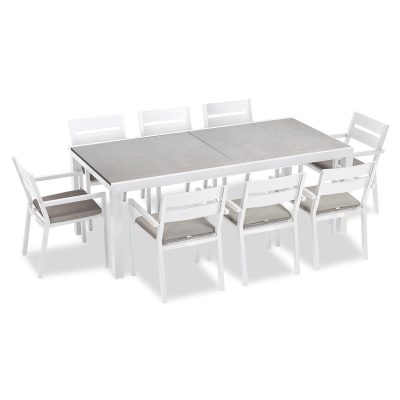 Calm Bay 9 Pc Extendable Dining Set in White/Concrete/Cast Silver by Lakeview