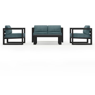 Misty Cove 4 Pc Aluminum Loveseat Set in Black W/ Cast Lagoon Cushions & Long Coffee Table By Lakeview