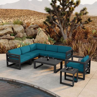 Misty Cove 8 Pc Aluminum Sectional Set in Slate W/ Spectrum Peacock Cushions By Lakeview