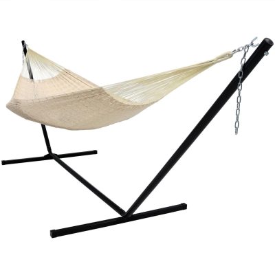 Ultimate Patio XXL Thick Cord Handwoven Family-Sized Mayan Hammock w/ 15-Foot Steel Beam Stand – Natural