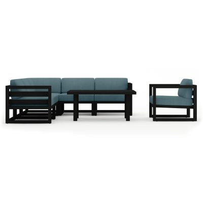 Misty Cove 7 Pc Aluminum Sectional Set in Black W/ Cast Lagoon Cushions & Classic Chat Table By Lakeview