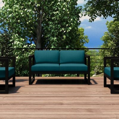 Misty Cove 3 Pc Aluminum Loveseat Set in Slate W/ Spectrum Peacock Cushions By Lakeview