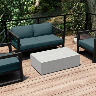 Misty Cove 4 Pc Aluminum Loveseat Set in Slate W/ Cast Lagoon Cushions & Long Coffee Table By Lakeview