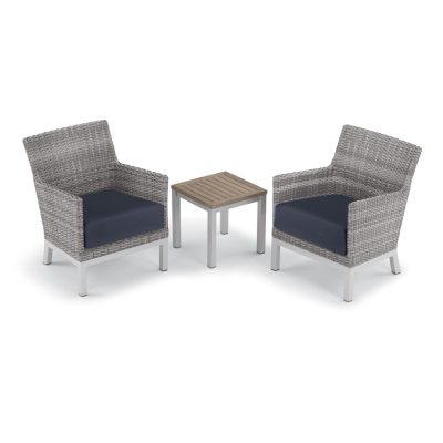 Argento 3 Piece Wicker Patio Conversation Set W/ Tekwood Vintage End Table & Midnight Blue Cushions By Oxford Garden