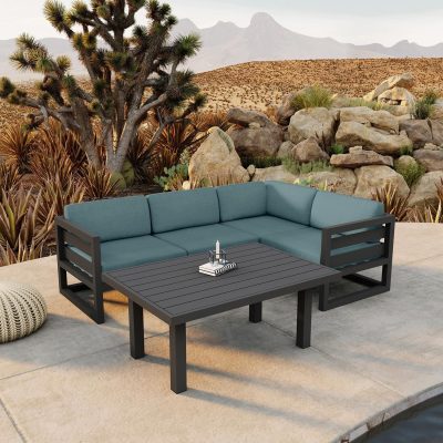 Misty Cove 5 Pc Aluminum Sectional Set in Slate W/ Cast Lagoon Cushions & Classic Chat Table By Lakeview